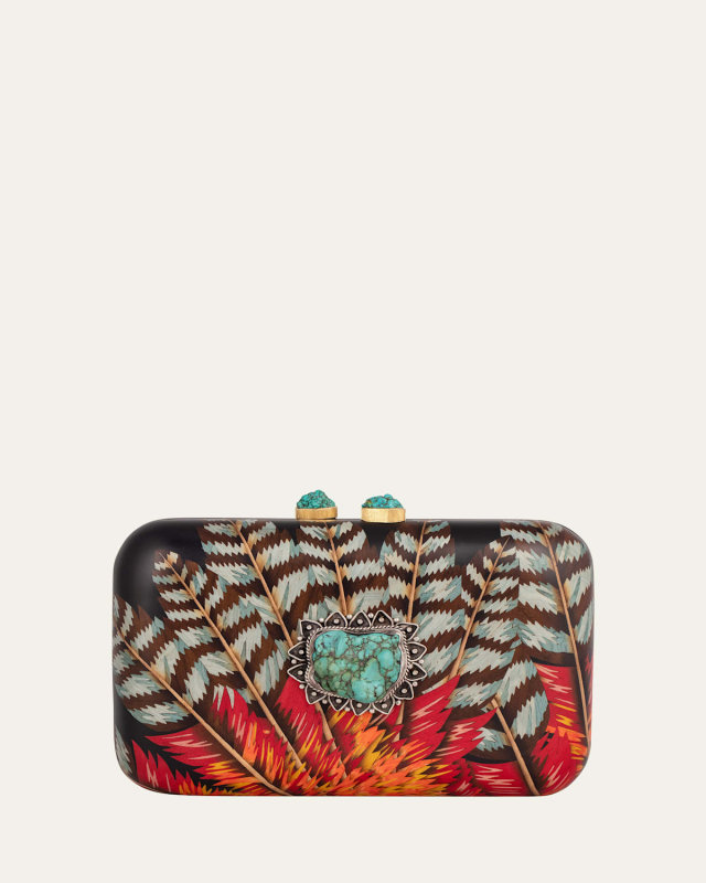 18K White Gold Rectangular Marquetry Clutch with Feather Print and Turquoise Buckle